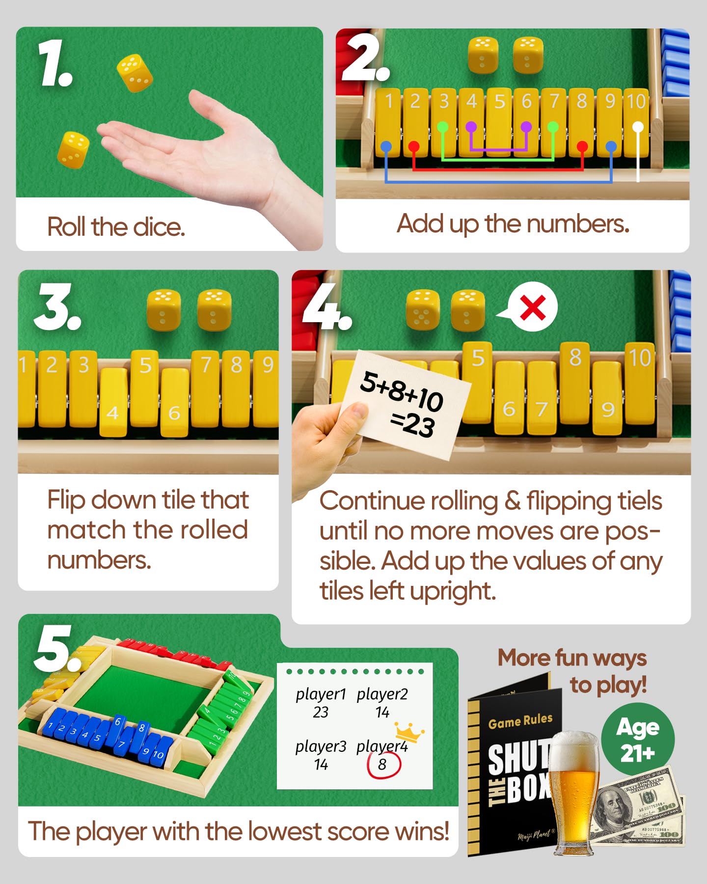 Maiji Planet Original Classic Shut The Box – 2-6 Players | Family Math Dice Game