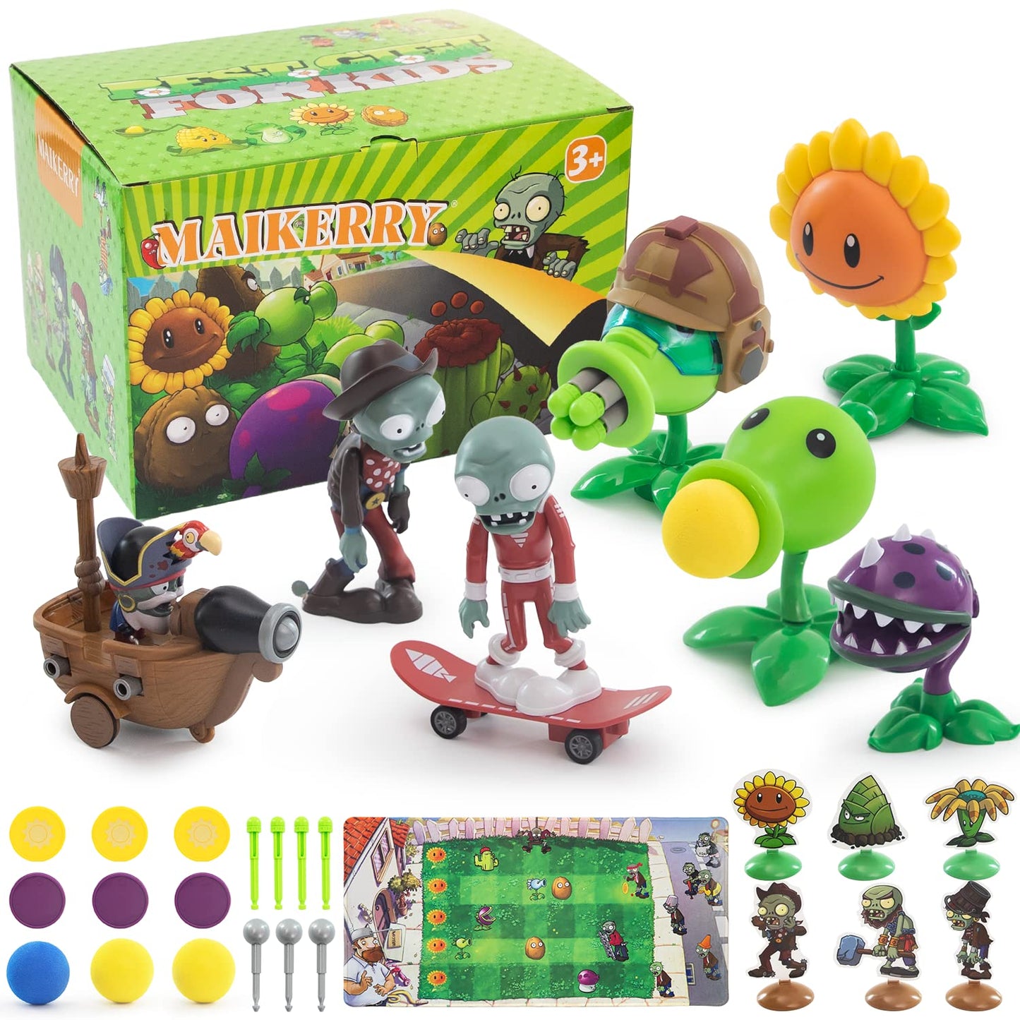 Maikerry PVZ 7pcs Figurines Set with Battlefield Map – PVC Plants Toys for Kids