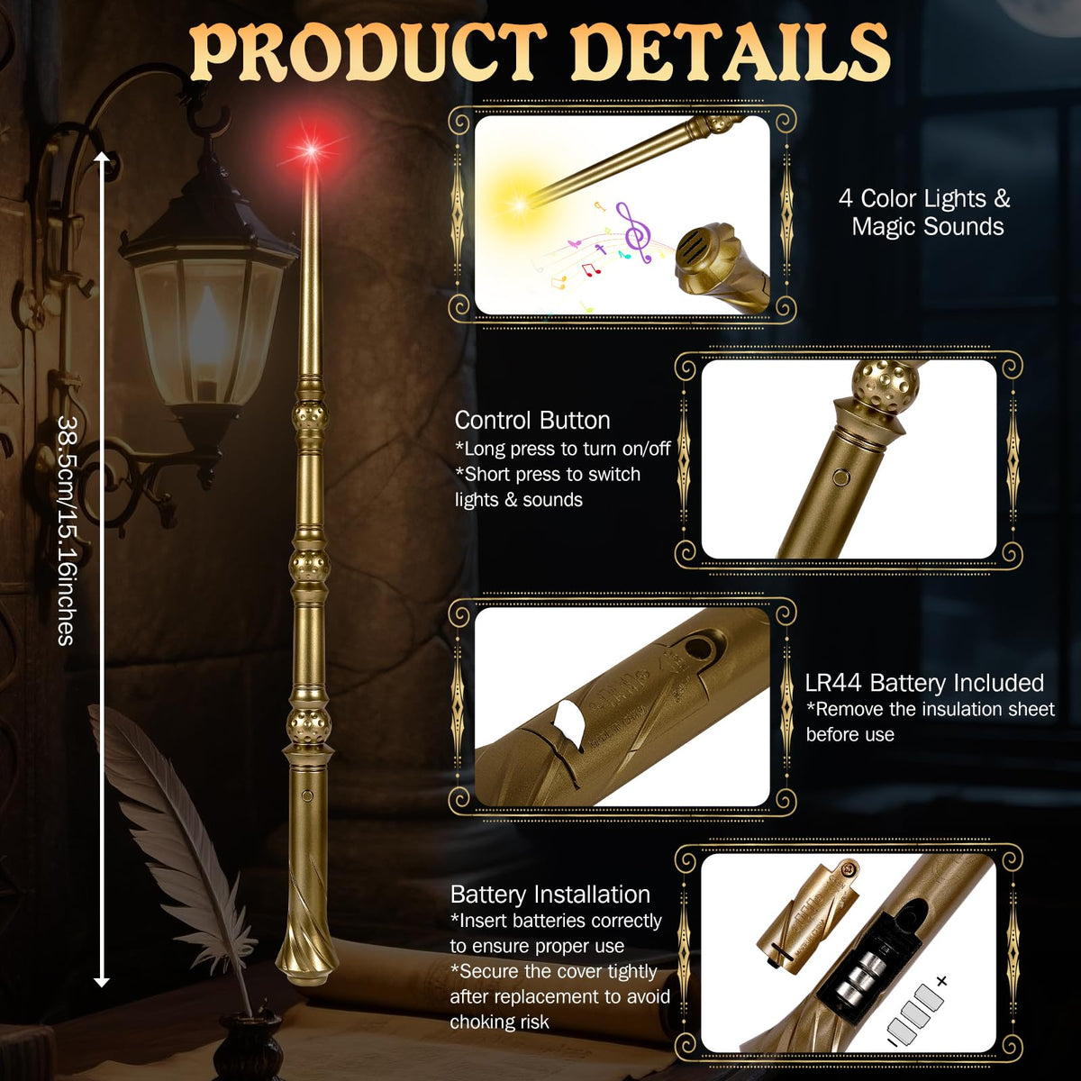 Maikoi Light Up Magic Wizard Wand – 2-Pack, 4 Color Lights & Sounds, Auto-Timer | Golden