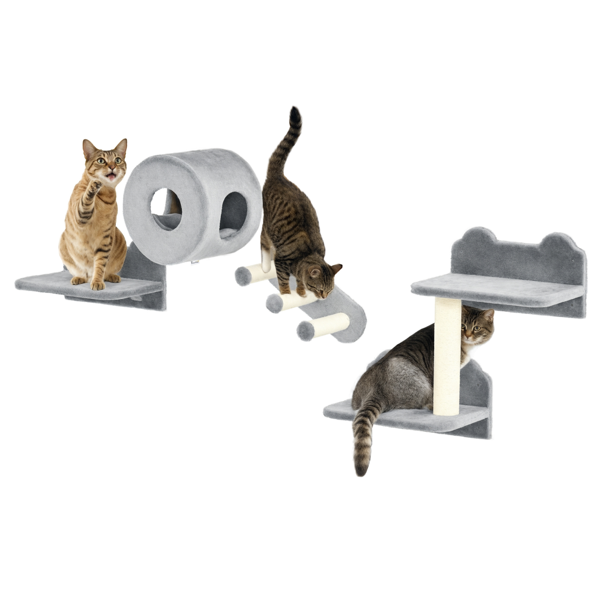 PawHut Cat Wall Furniture with Platforms, Steps, Perch, Cat House - Grey