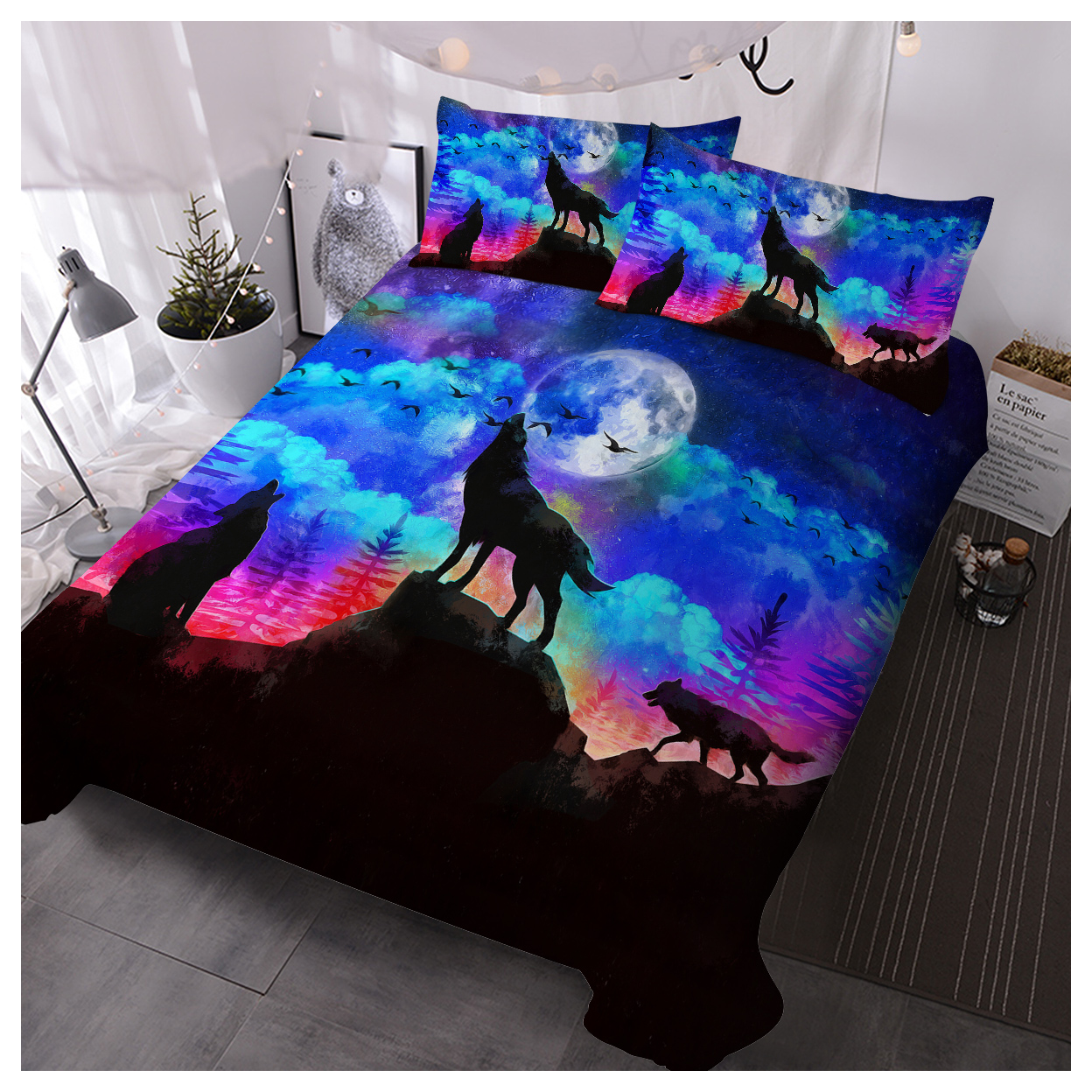 Moon Wolf Duvet Cover Set Double 3pcs Colorful Microfiber Kids Bedding Set