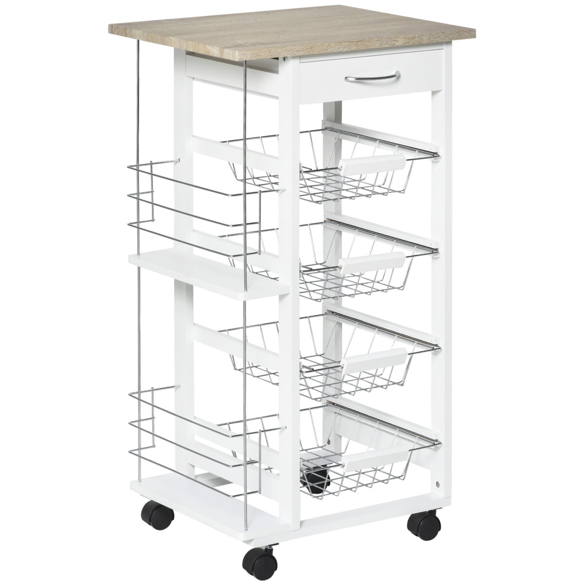 Multi-Use Kitchen Island Trolley 4 Baskets 2 Side Racks Drawer Wheels White