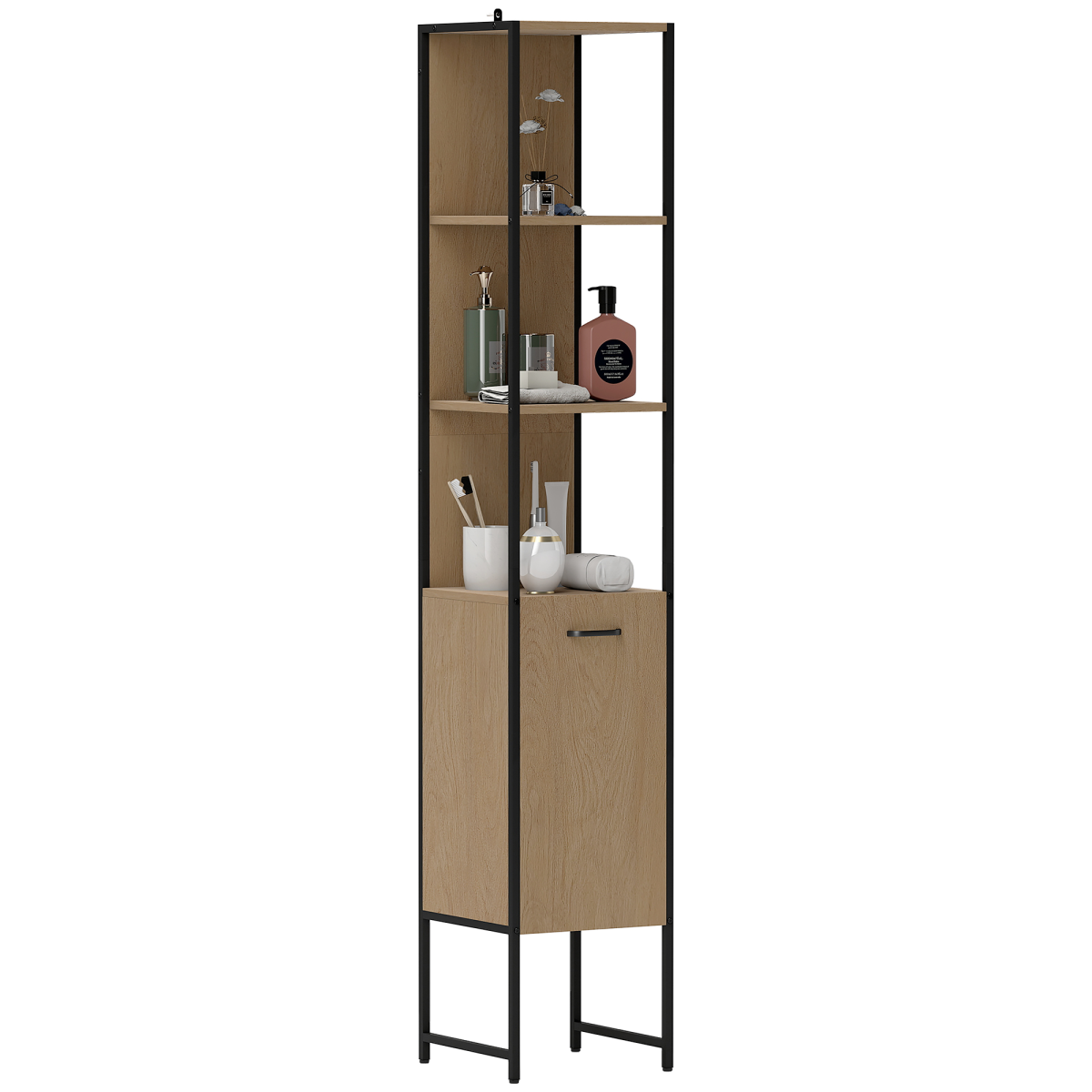 HOMCOM Tall Bathroom Cabinet with 3 Open Shelves Adjustable Shelf