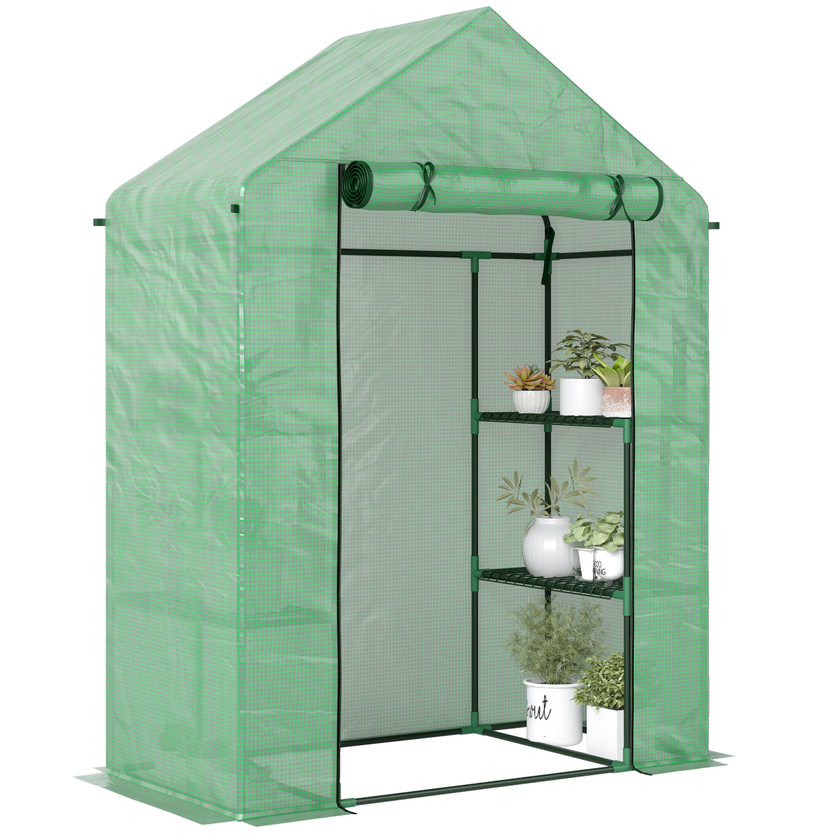 WalkIn Greenhouse 2 Tier Shelf, Roll-Up Door, PE Cover, 141x72x191cm, Green