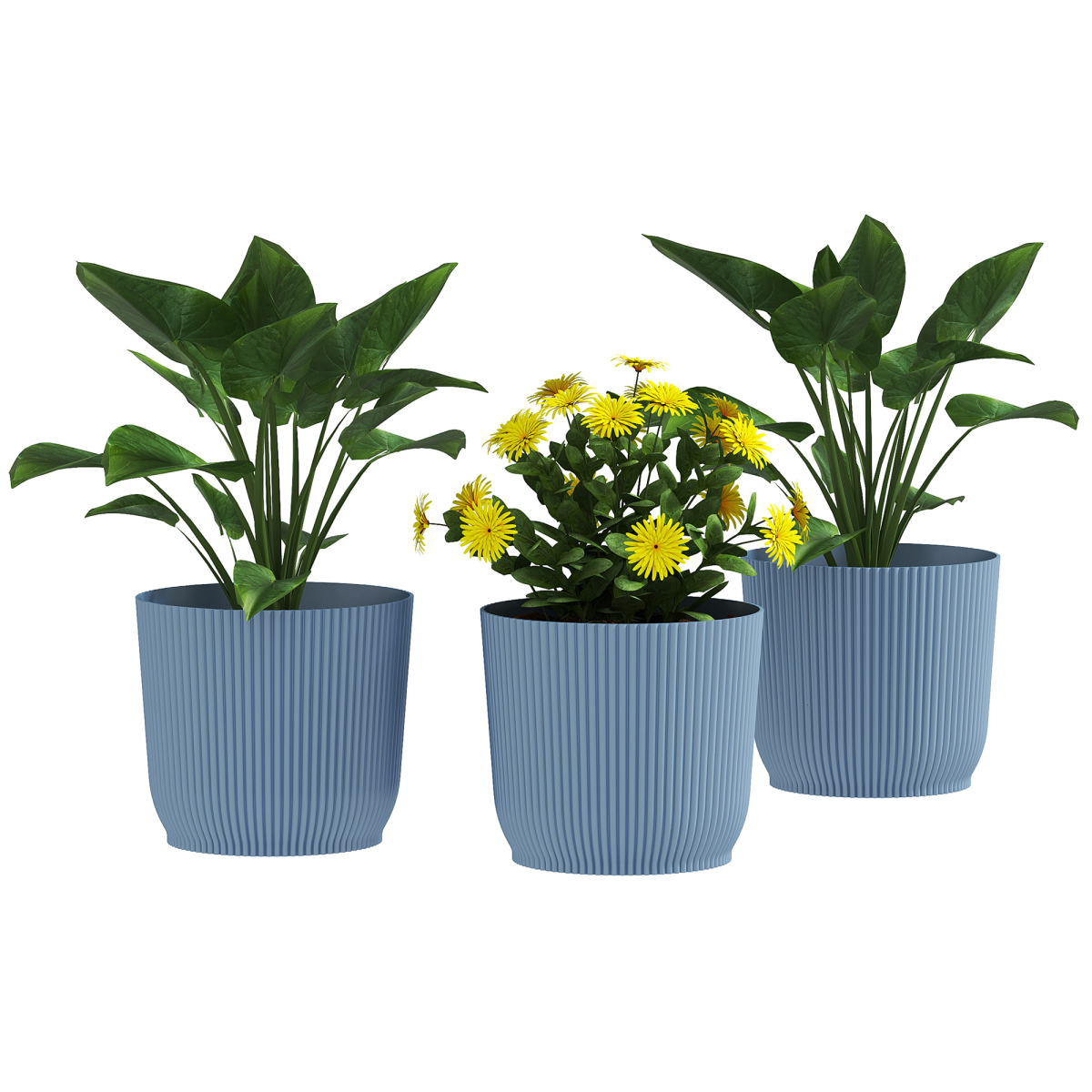 Outsunny Set of 3 Round Plant Pots Outdoor 22cm for Garden Decoration, Blue