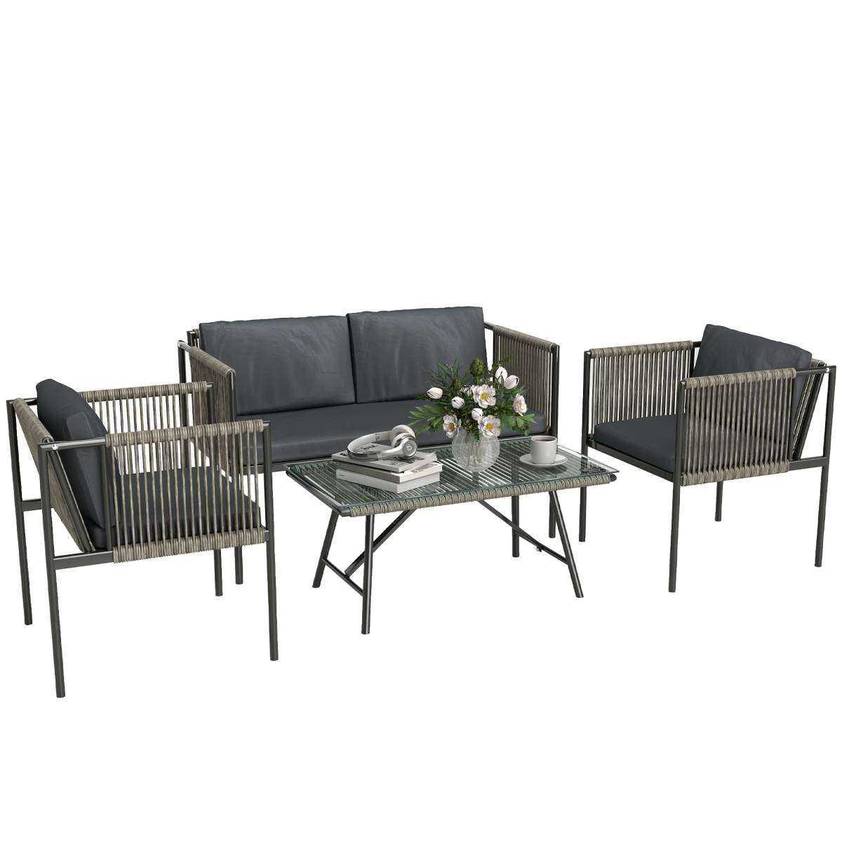 Outsunny 4 Seater Wicker Outdoor Furniture Set with Glass Coffee Table Grey