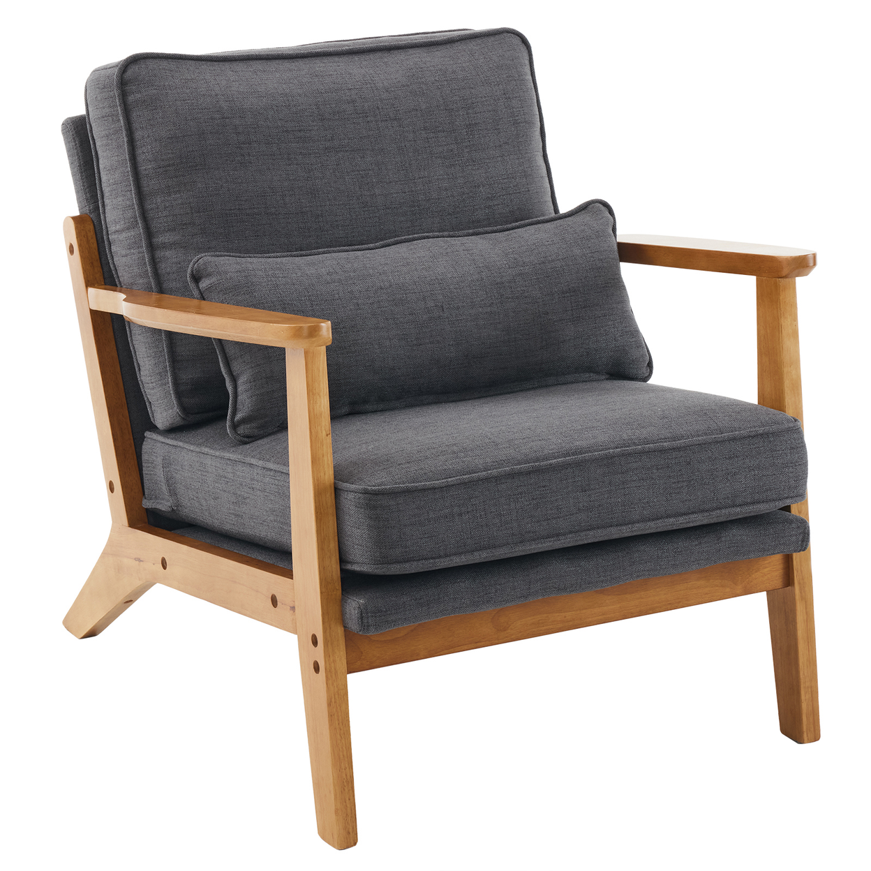 Mid-Century Oak Accent Chair - Linen-Cotton Dark Gray Upholstered Single Lounge Chair, Indoor Armchair with Sturdy Wood Frame (330LBS Weight Capacity)