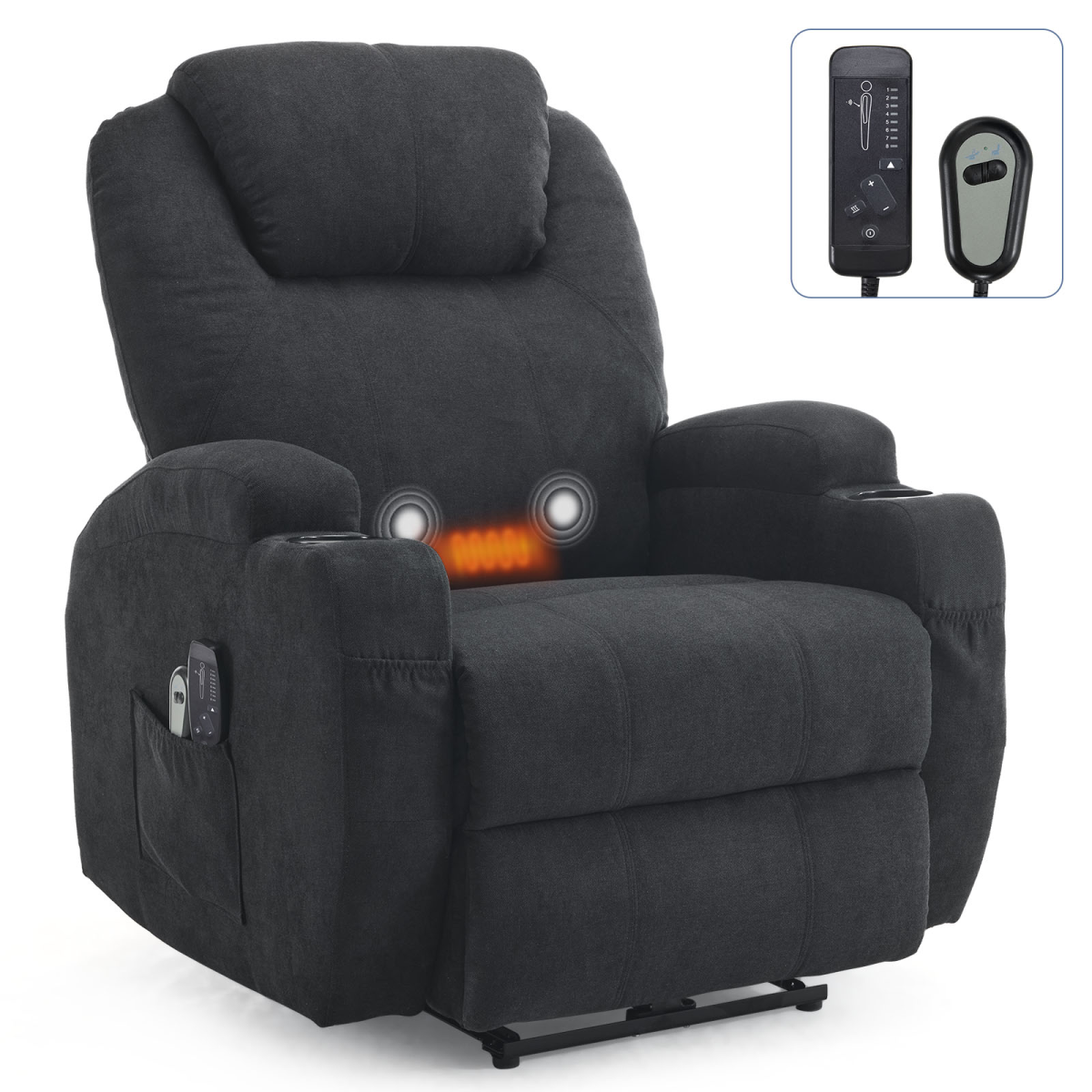 Electric Recliner Chair with 2-Point Massage & Heating, Black Fabric Indoor Functional Chair, 120kg Weight Capacity, Adjustable Reclining Chair for Living Room