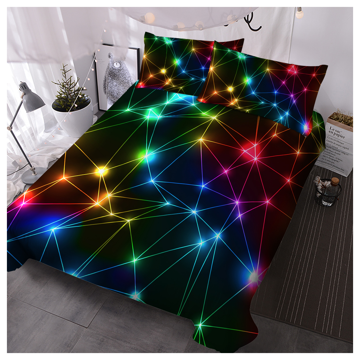 Triangle Retro Neon Duvet Cover Sets Glowing Sparkling Rainbow Laser Pattern 3 Piece Boy Bedding Sets (Single)