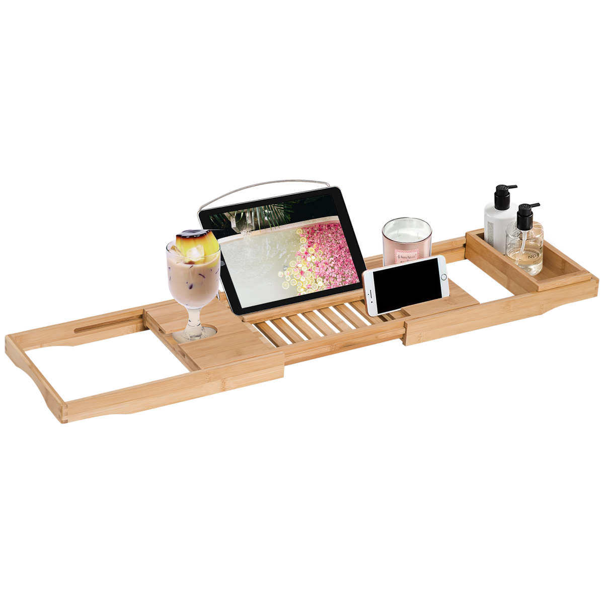 HOMCOM Extendable Bath Tub Bathroom Tray Bathtub Caddy Shelf Wine Holder Book
