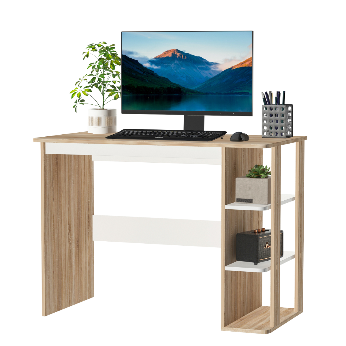 Duo Work Desk & 3-Tier Side Shelves Wide Table Sturdy Frame 2-In-1