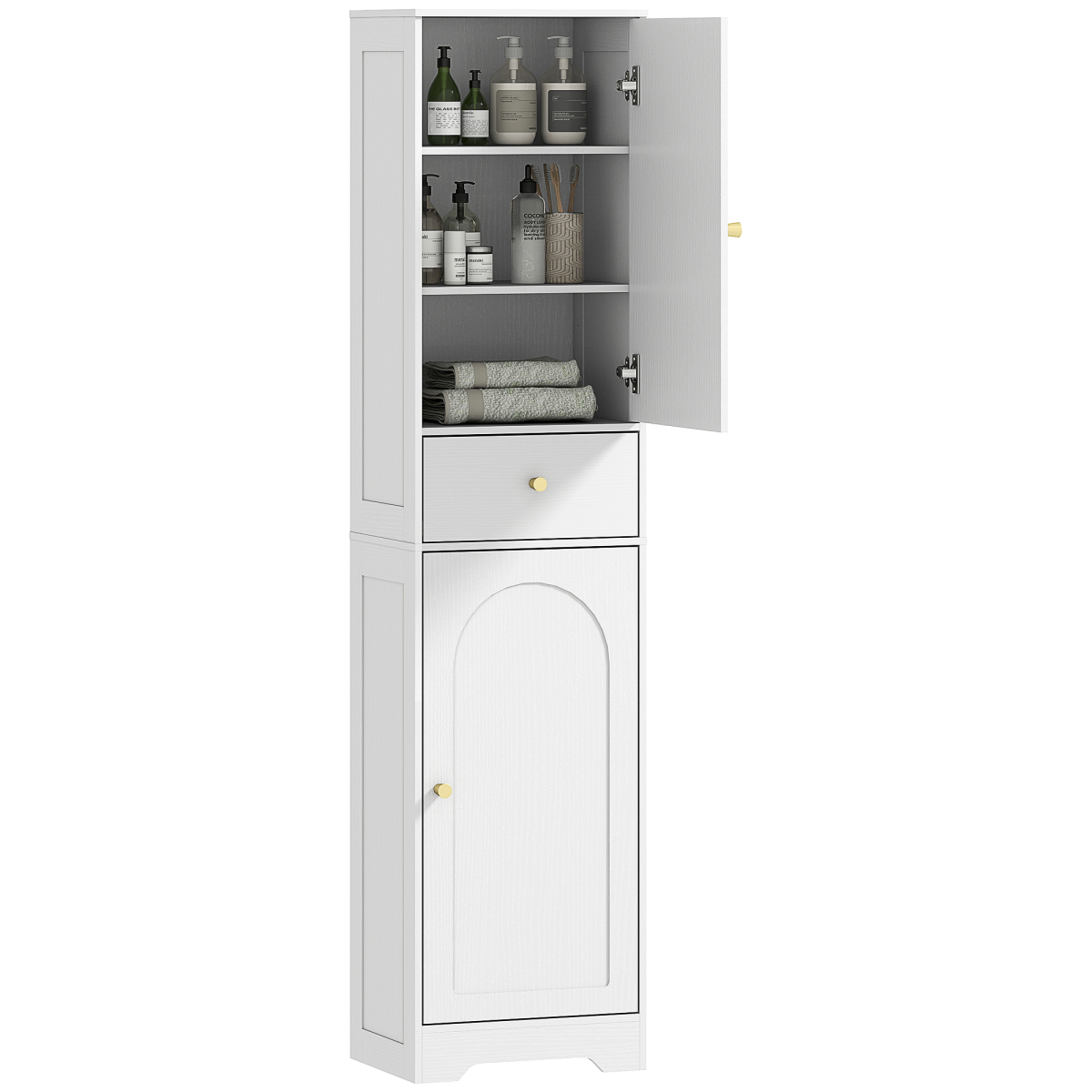 HOMCOM Tall Bathroom Storage Cabinet with Arch Doors Adjustable Shelf White