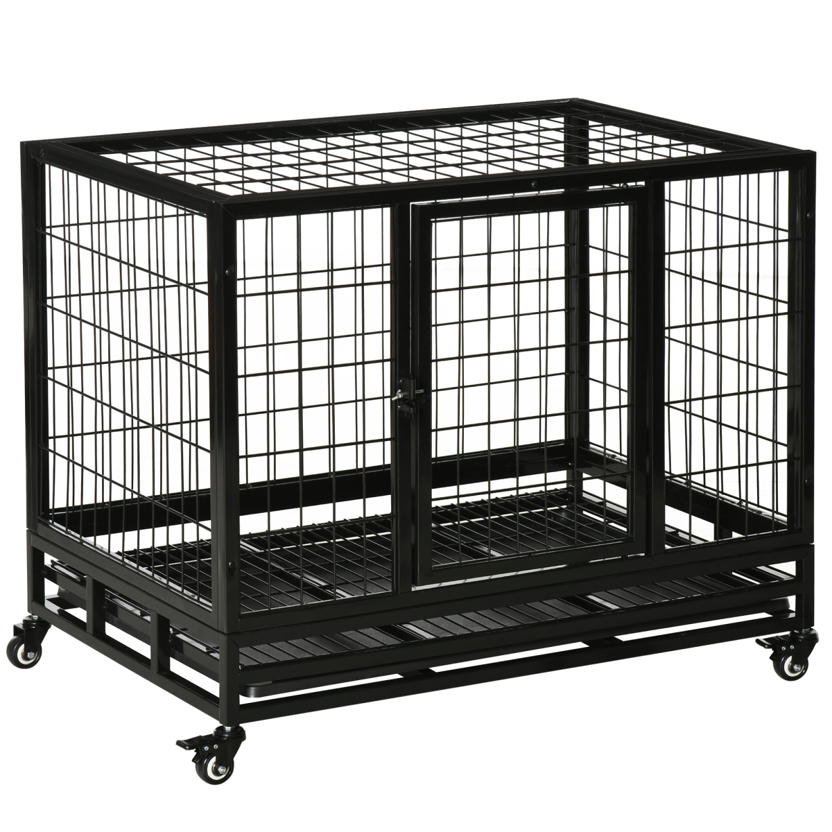 PawHut 36 inch Heavy Duty Metal Dog Crate Pet Cage with Tray Wheeled Dog Kennel - Black (Medium)