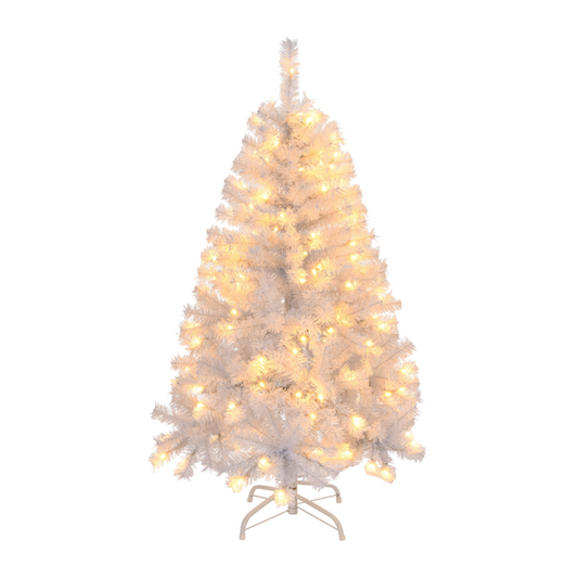 4 FT Pre-lit Artificial Christmas Tree, Hinged Xmas Pine Tree with 346 Branch Tips, 140 Lights and Remote Control for Holiday Party Office Home, White