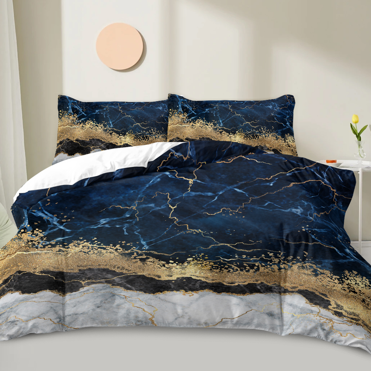 Chic Marble Bedding White Marble Gilded Navy Blue Duvet Cover Set Trendy Printed Design Bed Quilt Cover Set Double 1 Duvet Cover 2 Pillowcases