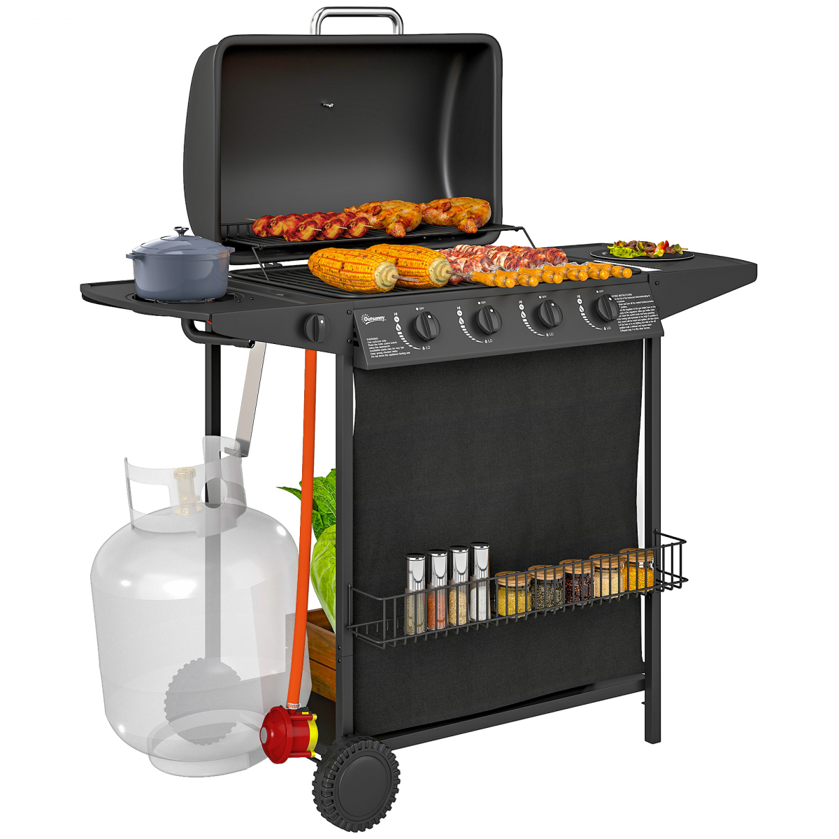 Outsunny 5 Burner Gas Barbecue Grill Portable Gas BBQ Grill with Lid, Black
