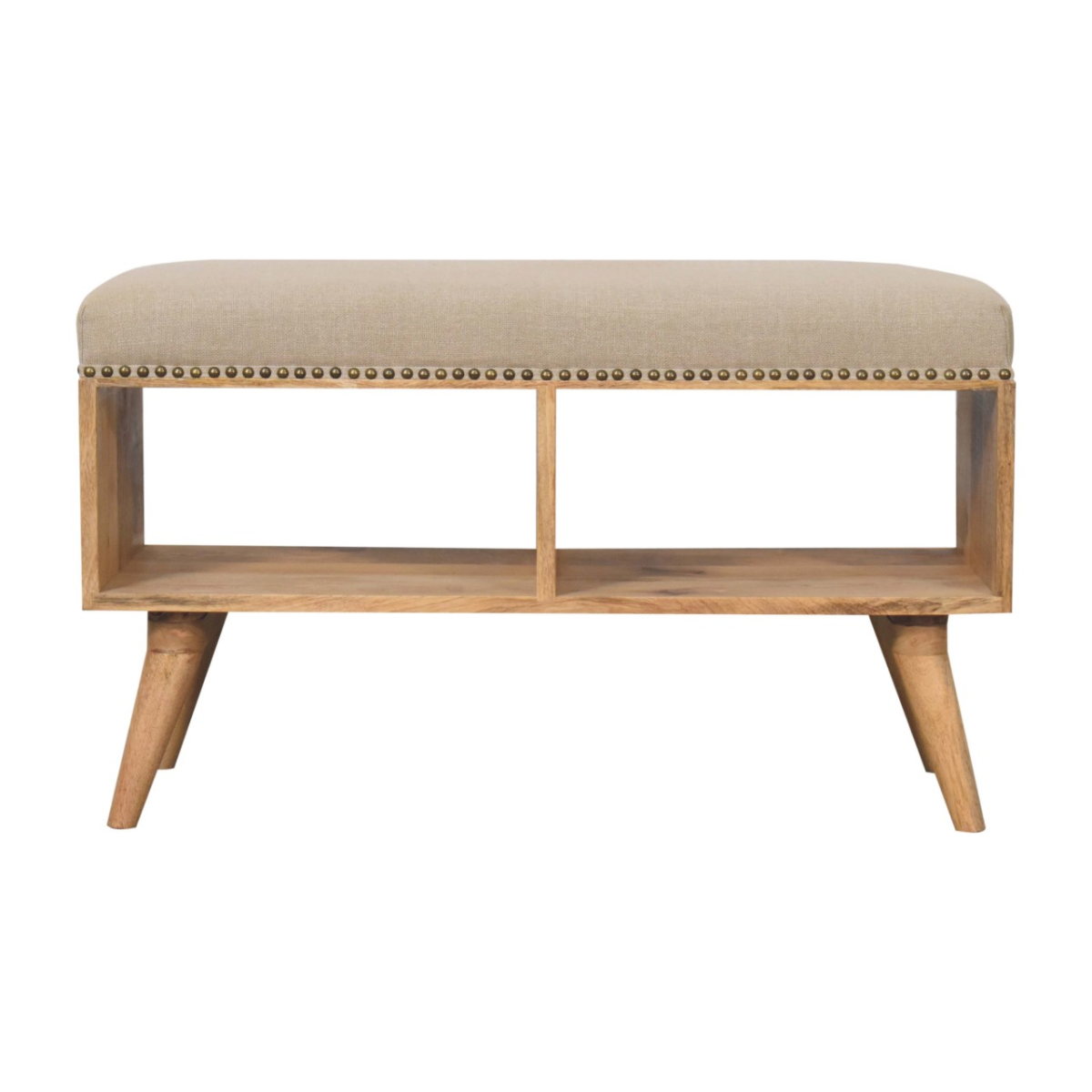 Artisan Furniture Solid Wood Studded Linen Open Bench, Upholstered, 2 Open Slots, Beige