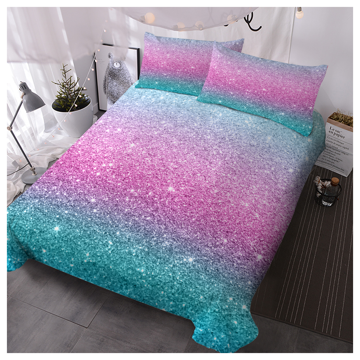 Girly Duvet Cover Rainbow Glitter Ombre Bedding Sets 3 Pcs Chic Unicorn Pink Purple Blue Green Pastel Bed Spreads Sparkle Quilt Cover Set with 2 Pillow Shams (Single)