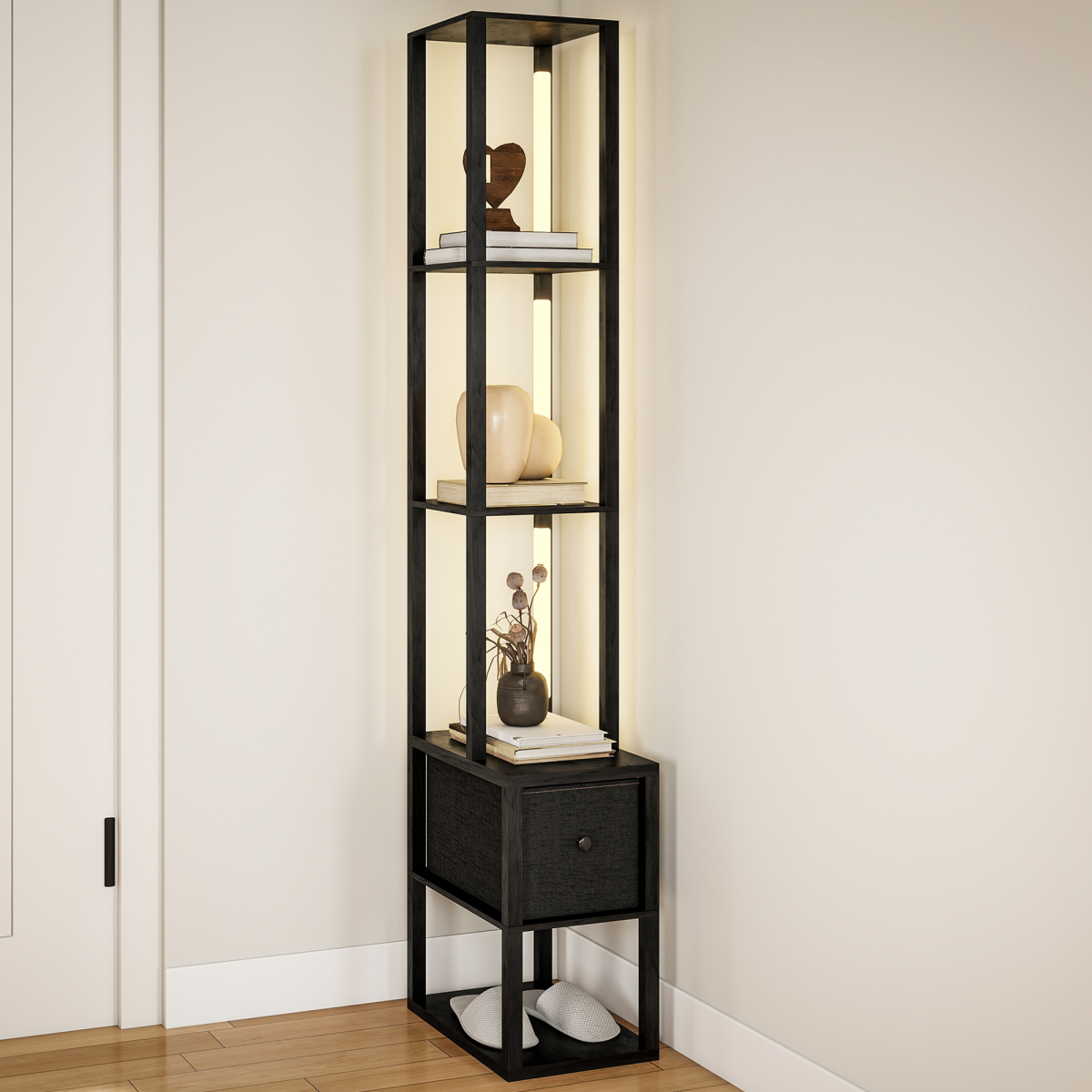 HOMCOM Floor Lamp with Shelves, LED Standing Lamp with Fabric Drawer