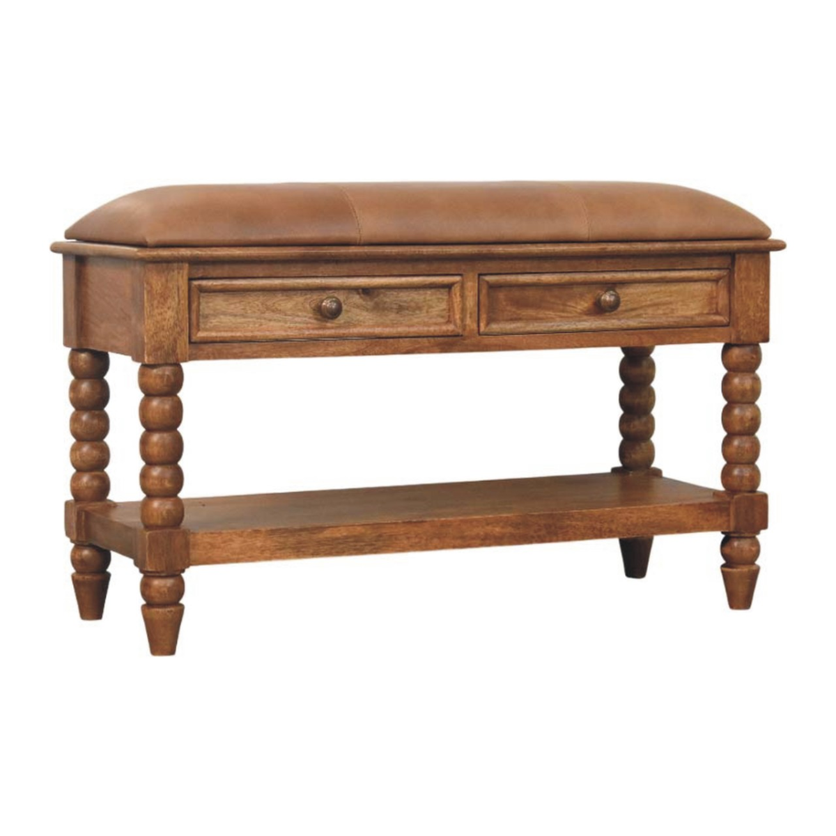 Artisan Furniture Solid Wood Upholstered Leather Spindle Bench, 2 Drawers, 1 Shelf, Brown