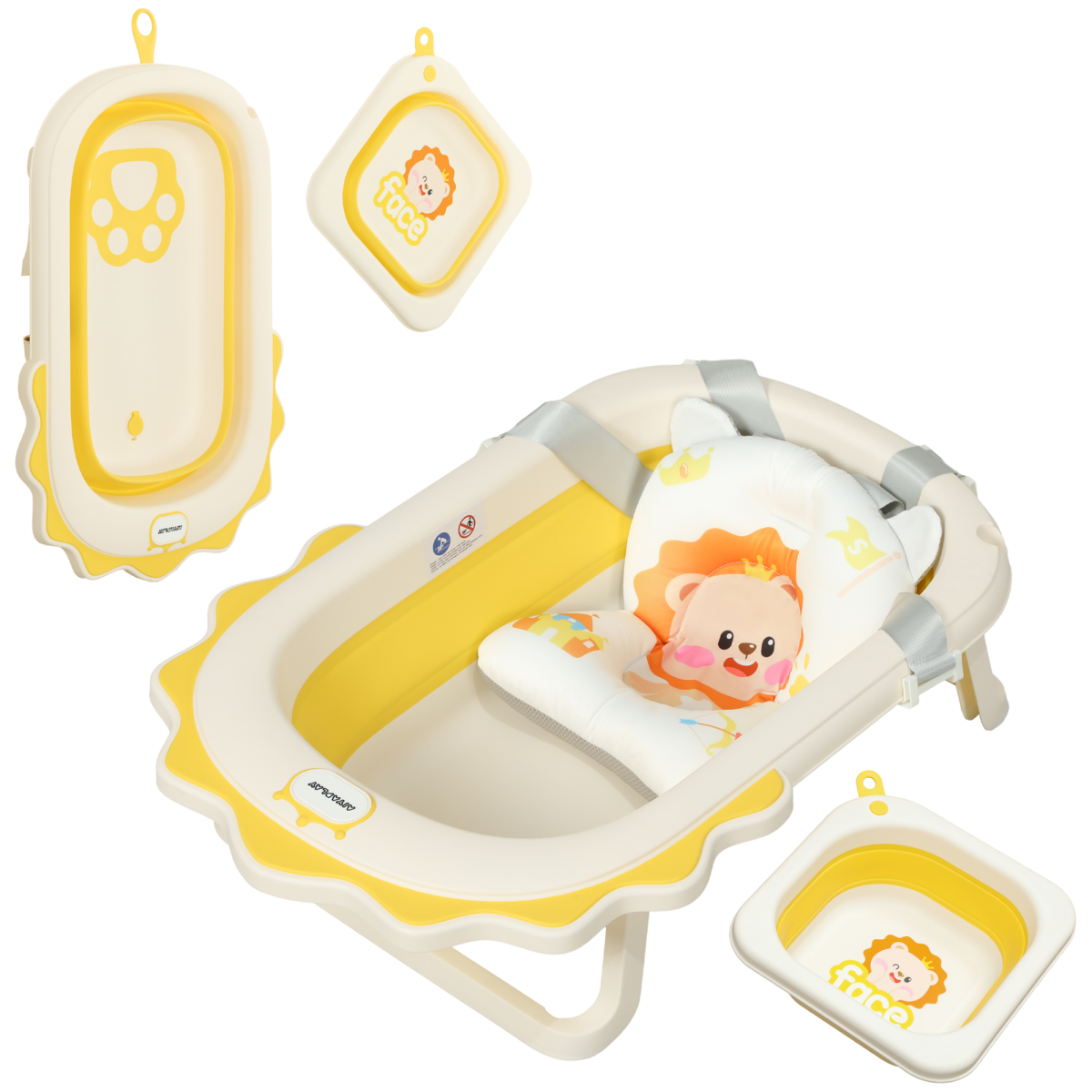 AIYAPLAY Foldable Baby Bath Tub Set with Bath Cushion, Wash Basin, Yellow