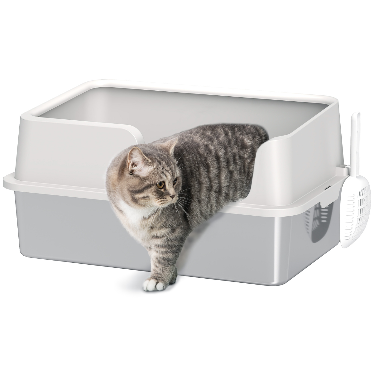 PawHut Stainless Steel Litter Box, High Sided Metal Cat Litter Tray w/ Scoop