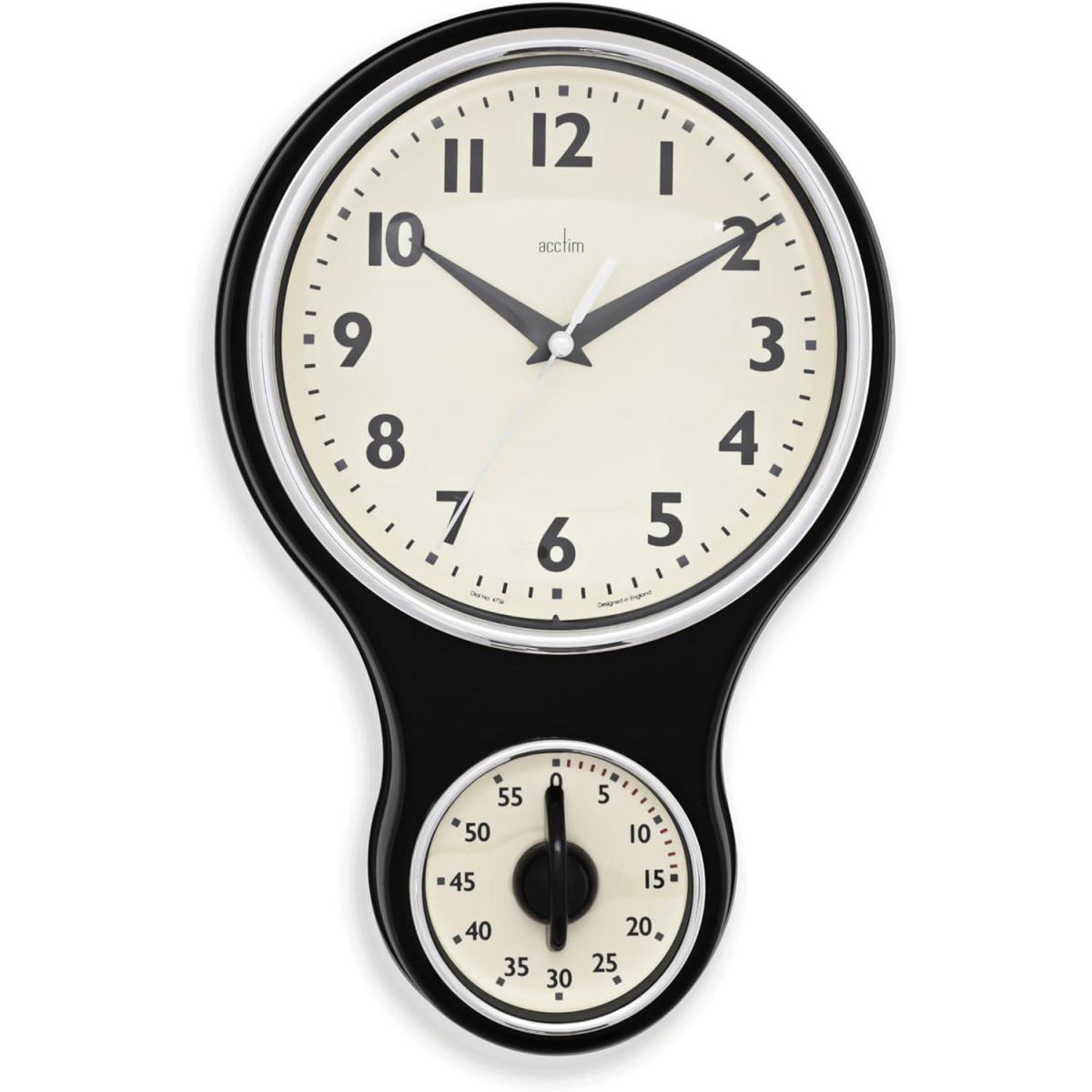 Acctim Kitchen Time 20cm Timer Quartz Retro Style Domed Glass Lens Black Wall Clock 21593