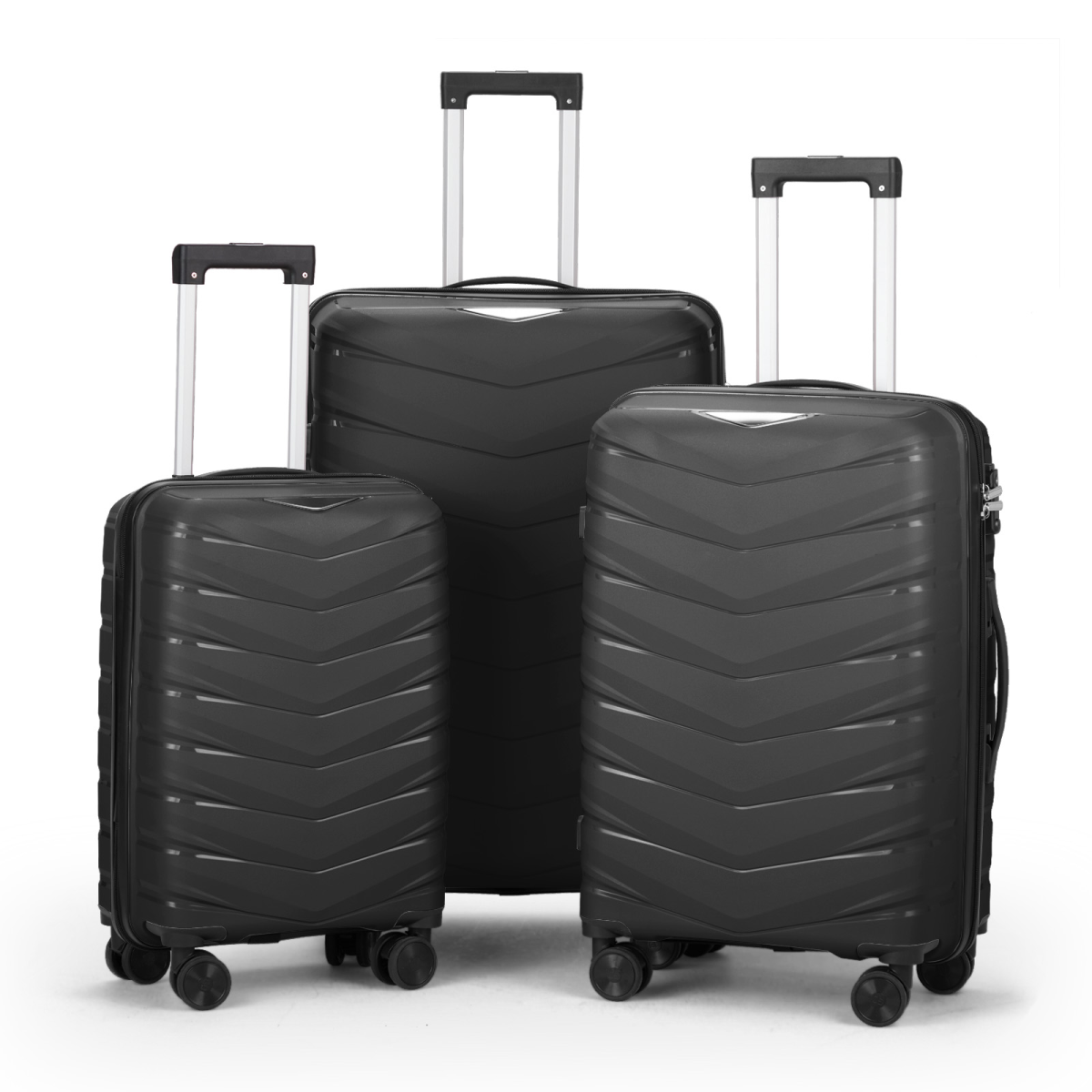 V-striped 3-in-1 PP trolley case 20in 24in 28in PP iron trolley classic color - black (grained pattern)