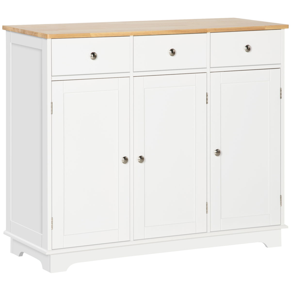 Sideboard with Rubberwood Top, Buffet Drawers and Adjustable Shelves White