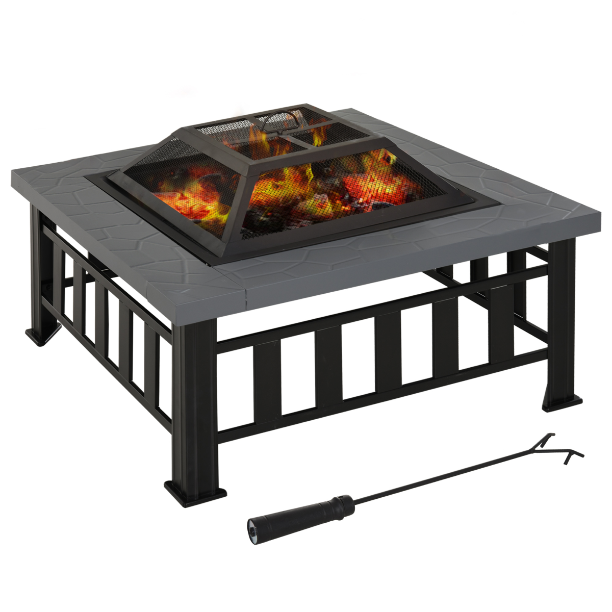 Outsunny Fire Pit, Square Shape, W/Waterproof Cover-Black/Grey
