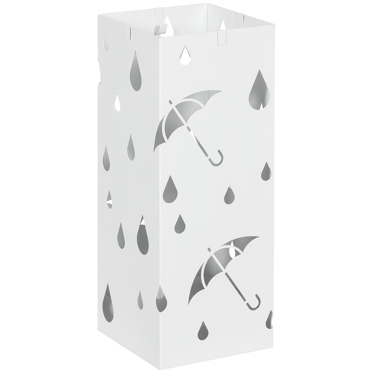HOMCOM Metal Umbrella Stand, Square Umbrella Basket with 4 Hooks Drip Tray White