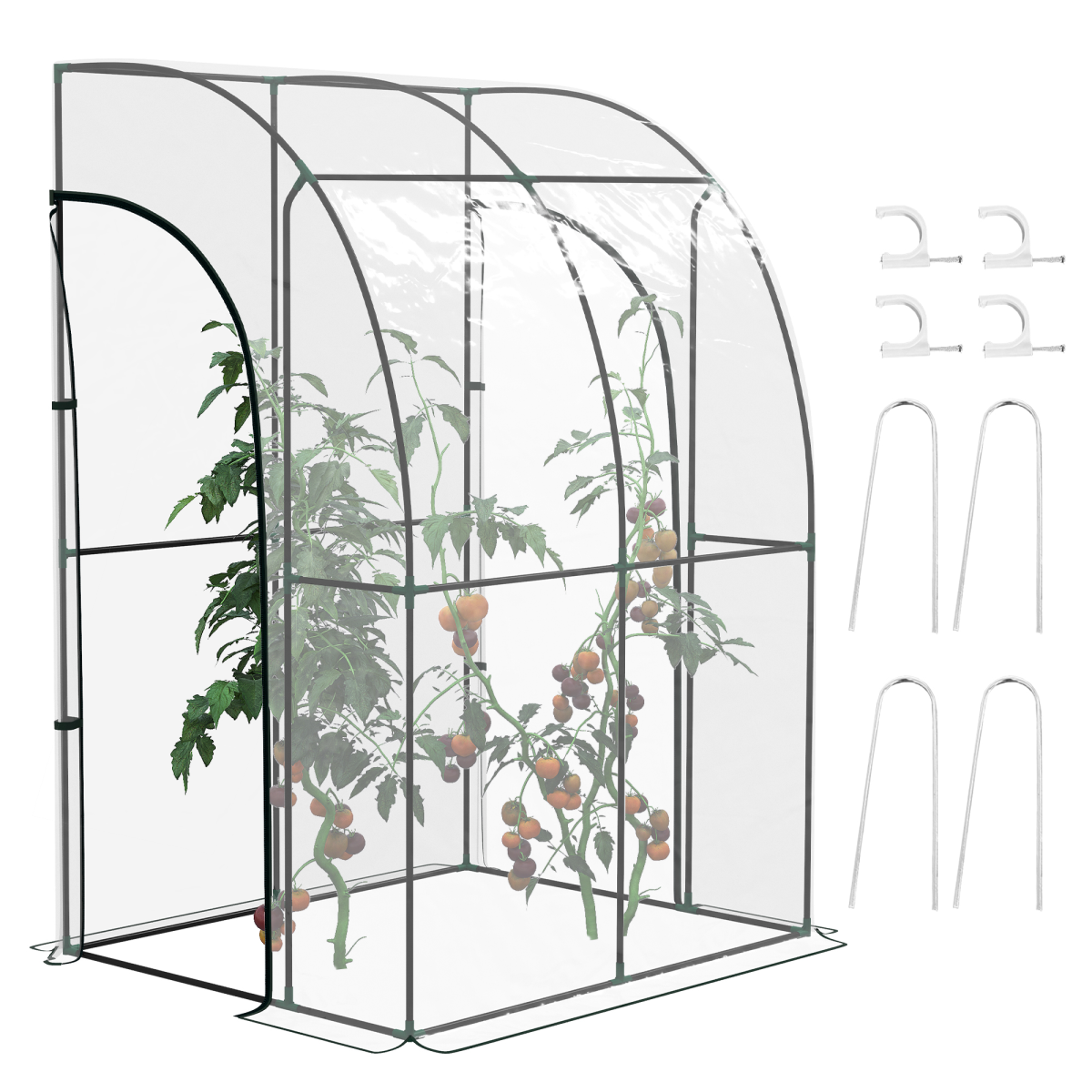 Outsunny 143x118x212cm Walk-In Lean to Wall Tunnel Plastic Greenhouse with Doors