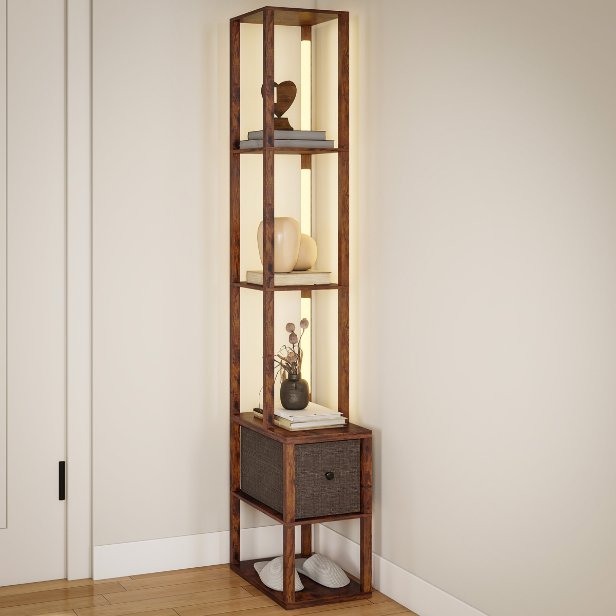 HOMCOM Floor Lamp with Shelves, LED Standing Lamp with Fabric Drawer