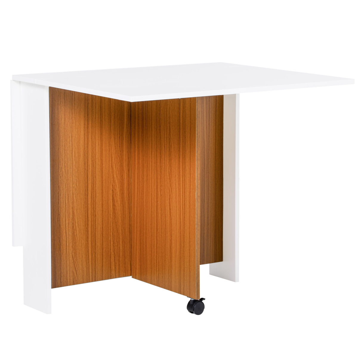 Folding Drop Leaf Table Dining Mobile Writing Desk W/ Casters-Teak/White