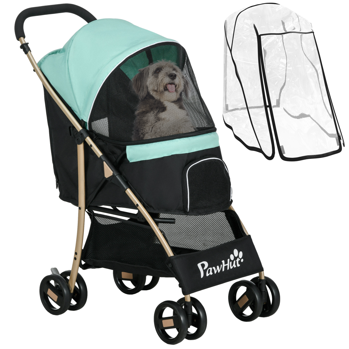 PawHut Pet Stroller for XS and S Dogs with Rain Cover - Green