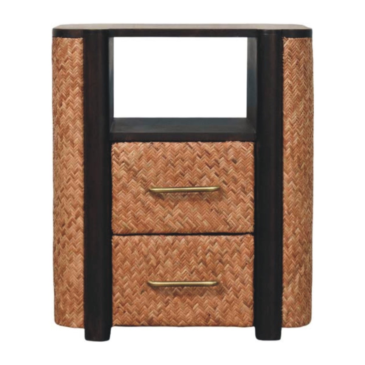 Artisan Furniture Solid Wood Rattan Curve Edge Nightstand, 2 Drawers, 1 Shelf, Brown