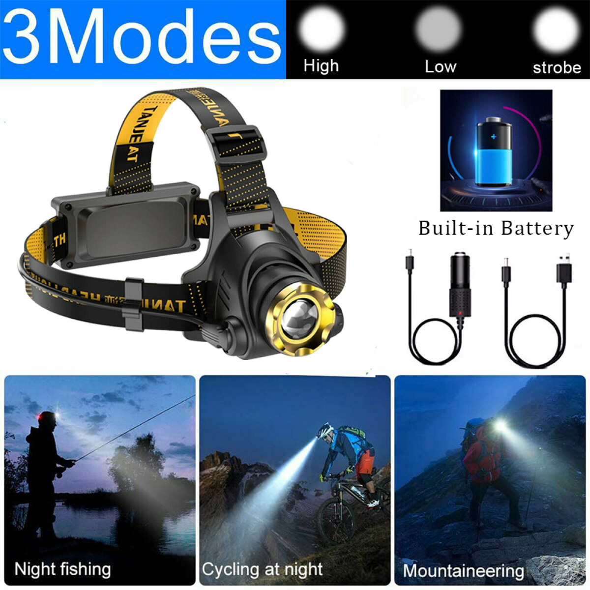 USB Rechargeable LED Headlamp 3 Modes Head Torch Zoomable Headlight+Car Charger+USB Cable Set
