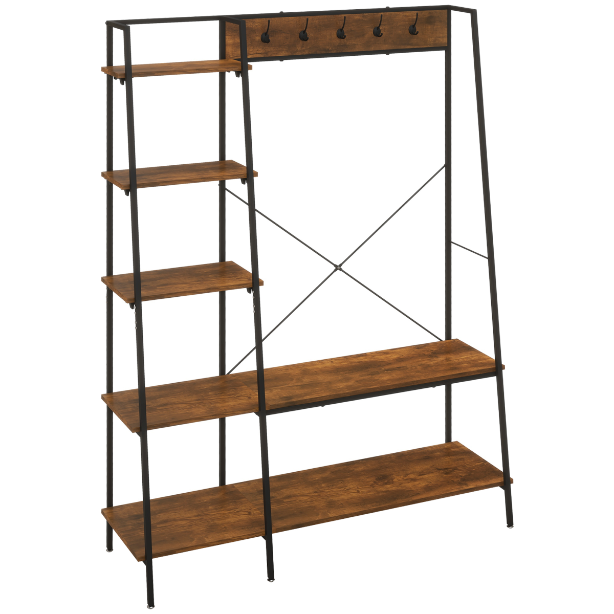 HOMCOM Coat Rack, Coat Stand with Shoe Storage, 5 Hooks for Hallway, Brown