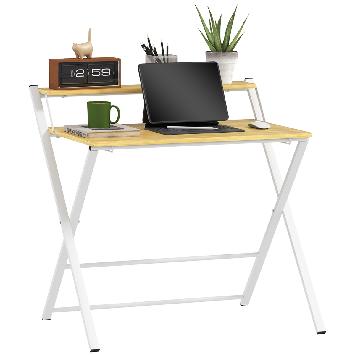 HOMCOM Folding Desk with 2-Tier Shelf for Home Office, Maple Wood-effect