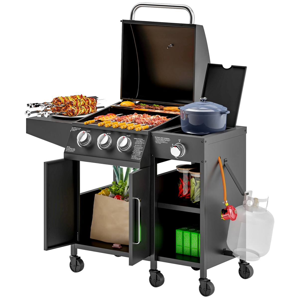 Outsunny 9.5 kW Gas Barbecue with 3+1 Burner, Storage Cabinet and Shelves