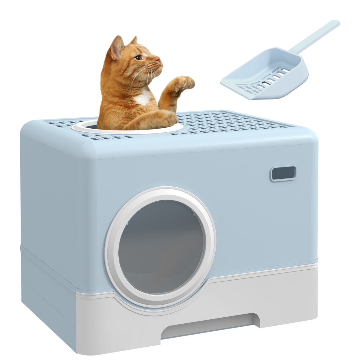 PawHut Enclosed Cat Litter Tray with Lid, Front Entry, Top Exit, Scoop - Blue