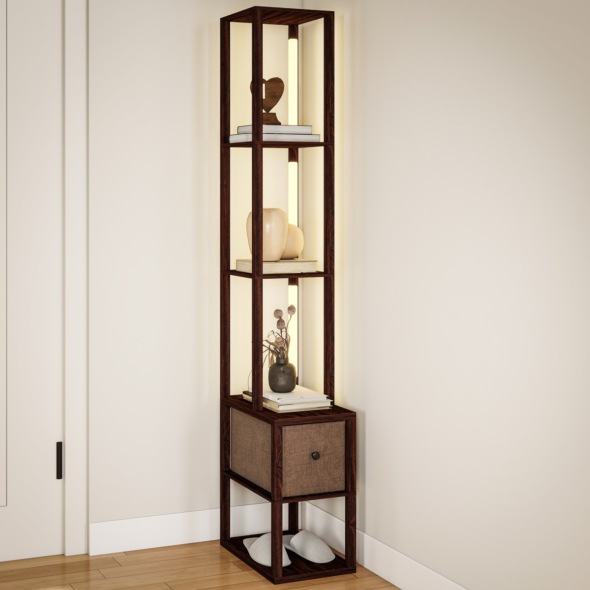 HOMCOM Floor Lamp with Shelves, LED Standing Lamp with Fabric Drawer