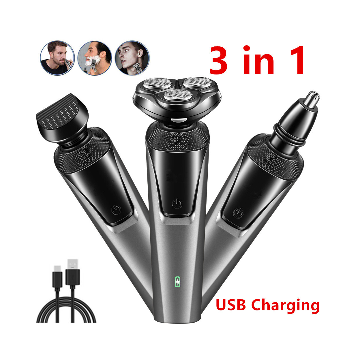 USB Rechargeable 3-In-1 Men's Professional Multi-function Cheek Beard Trimmer Men Nose Hair Cutting Barber Shaver Machine(US Logistics only For USPS.TK/TMEU only For self-pickup)
