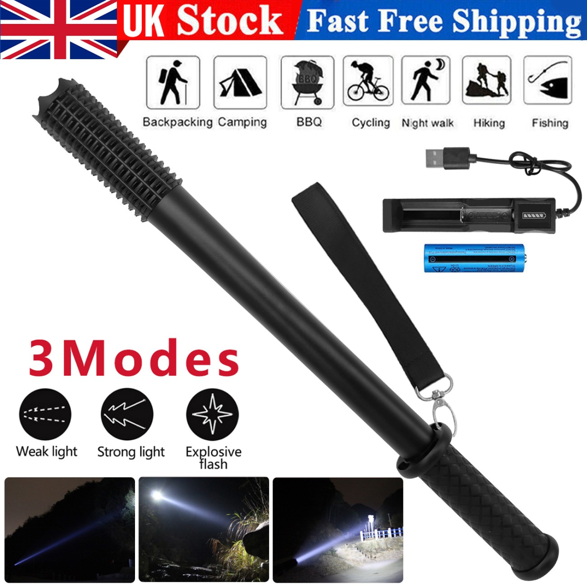 3-Modes USB Rechargeable LED Flashlight Hiking Security Torch Camping Outdoor Flashlight Set