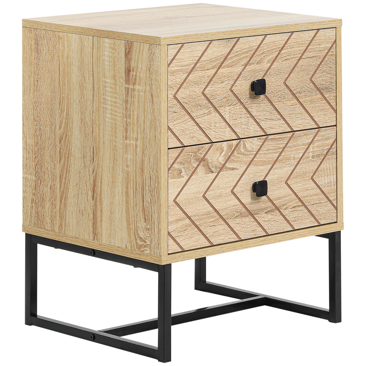 Bedside Table 2 Drawer Unit  Zig Zag Design w/ Black Metal Handles