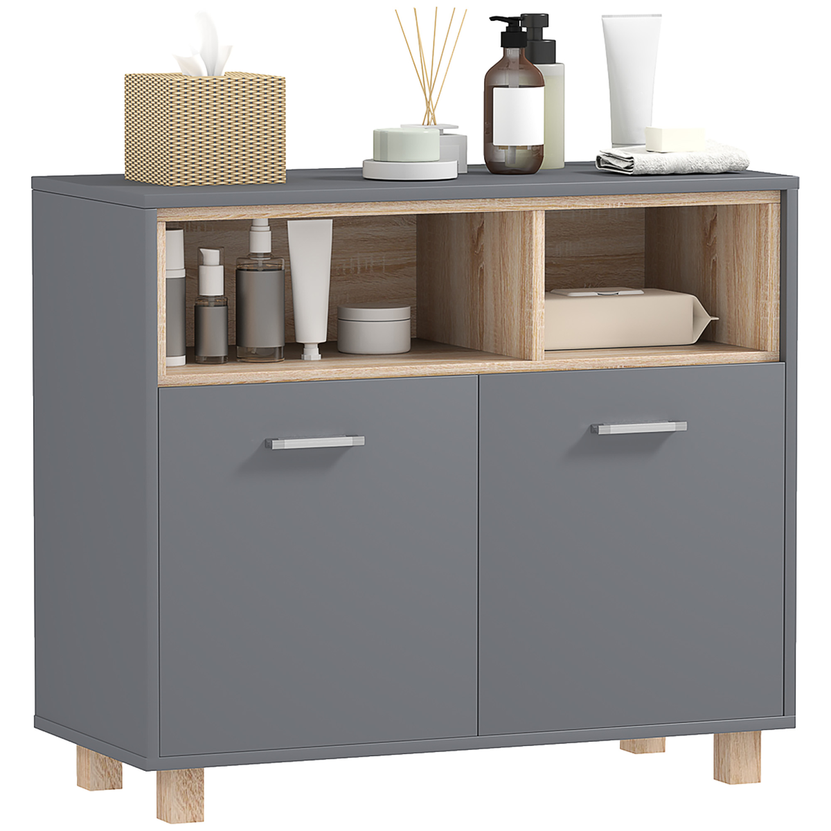 HOMCOM Bathroom Storage Cabinet with Open Compartments and Double Doors