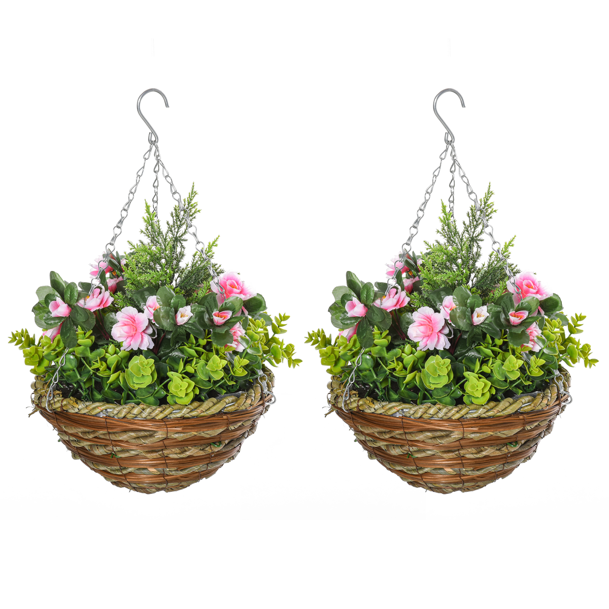 Pack of 2 Artificial Lisianthus Flowers Hanging Planter with Basket