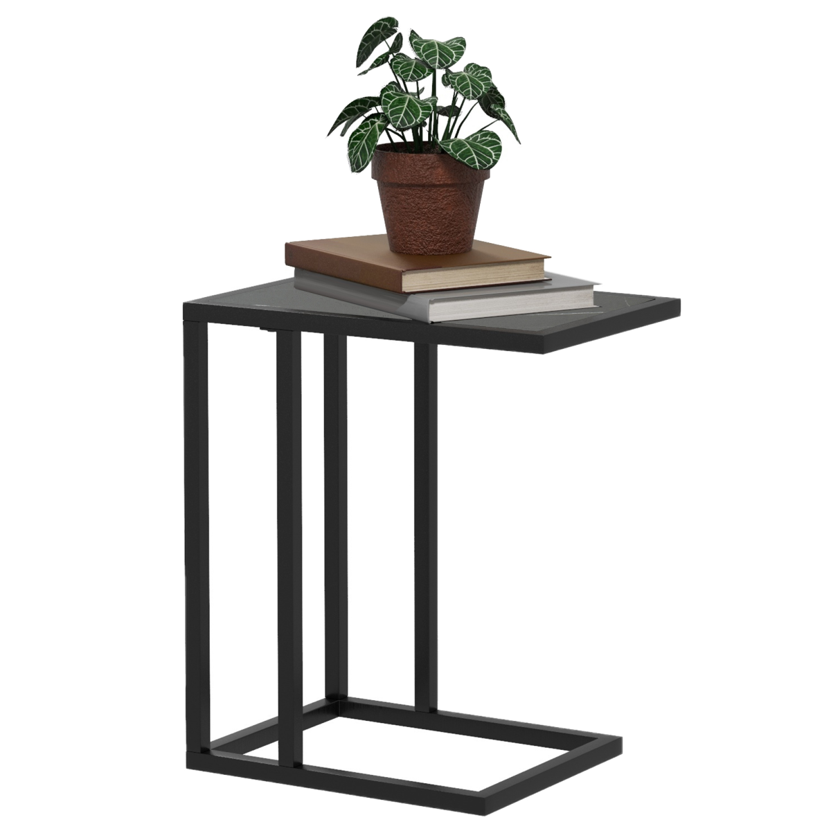 C Shape Side Table Marble-Effect Top Metal Frame Space-Saving Furniture