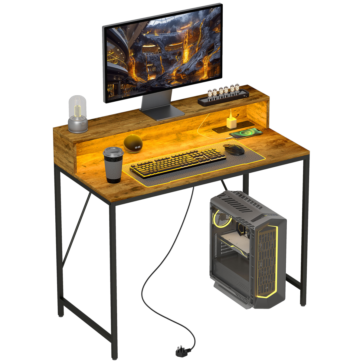 HOMCOM Computer Desk with LED Lights, Study Table with Shelf, Rustic Brown
