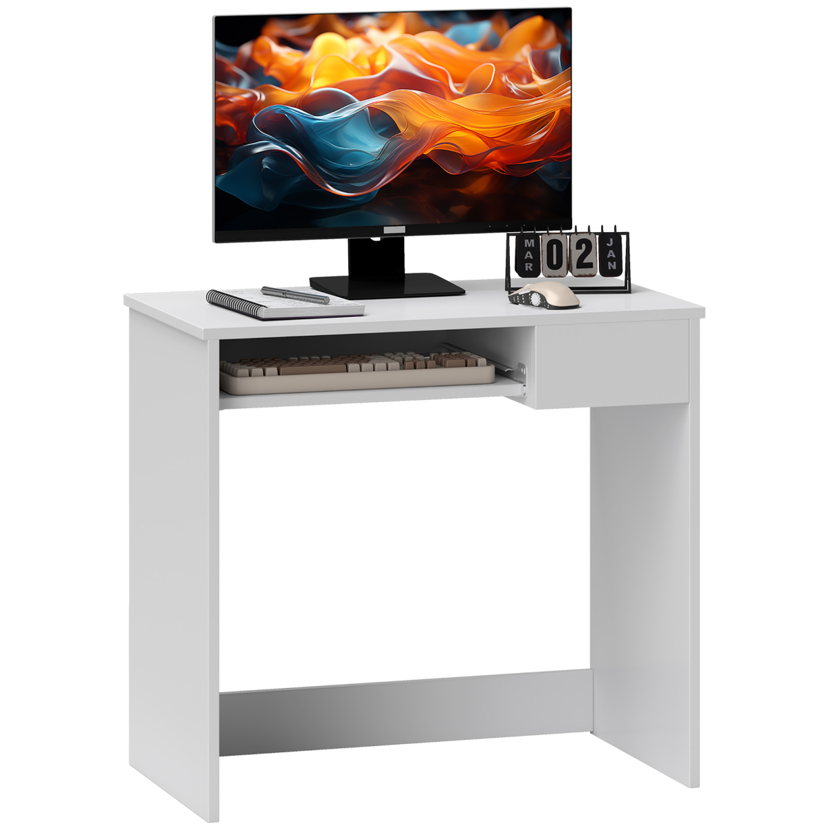 Compact Computer Table with Keyboard Tray Drawer White